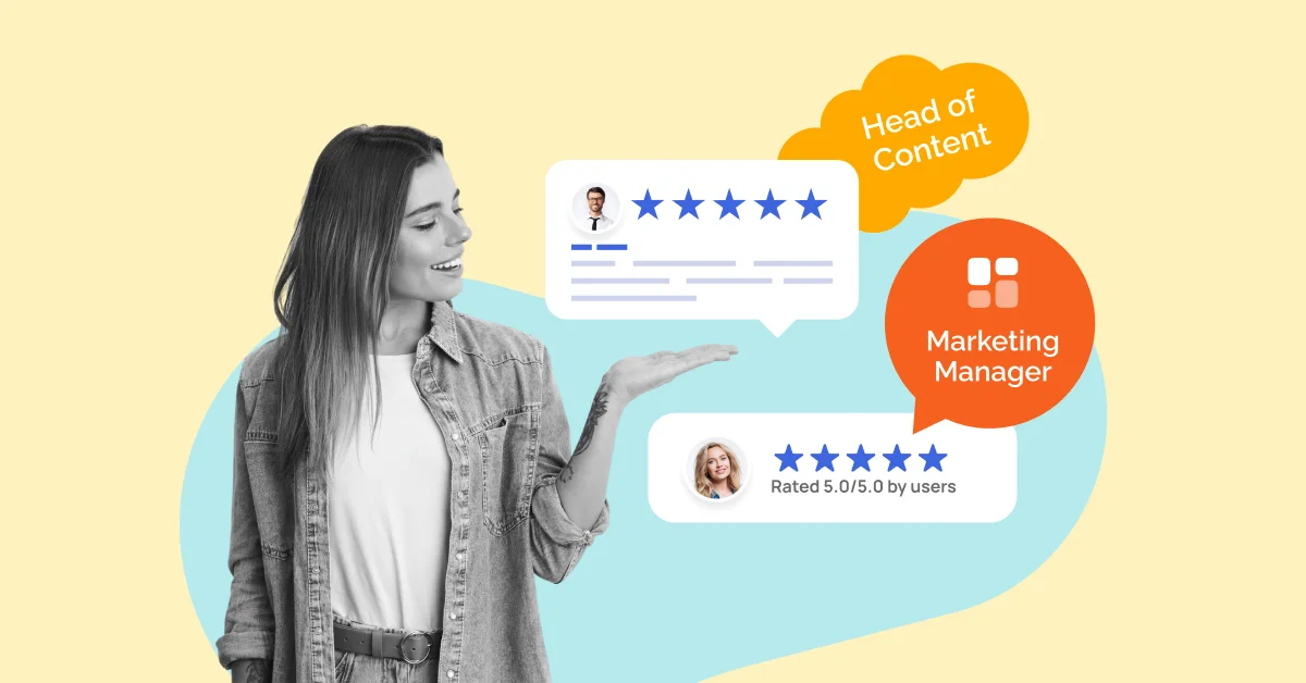 Gülümsəyən qız reytinq qiymətləndirməsinin vizuallaşdırması fonunda: iki əməkdaşa 5 ulduz verərək qiymətləndirib