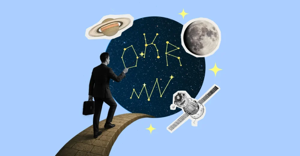 Абстаркція чоловіка, котрий заходить в коло з написом OKR