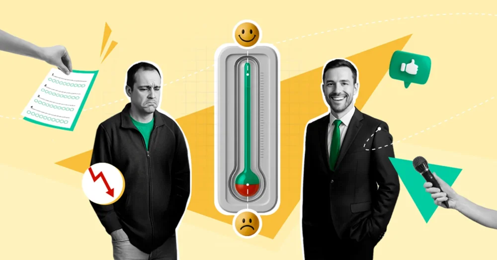 Зображення шкали eNPS та двох співробітників, що символізують можливі протилежні результати опитування — позитивний та негативний