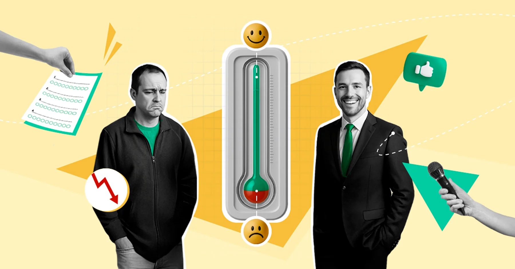 Зображення шкали eNPS та двох співробітників, що символізують можливі протилежні результати опитування — позитивний та негативний