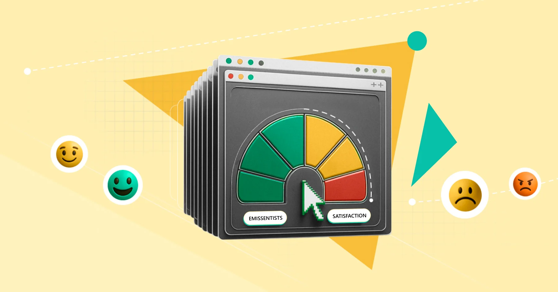 A schematic illustration of a cursor and several software windows with eNPS metrics, symbolizing the automation of survey processes through tech solutions.
